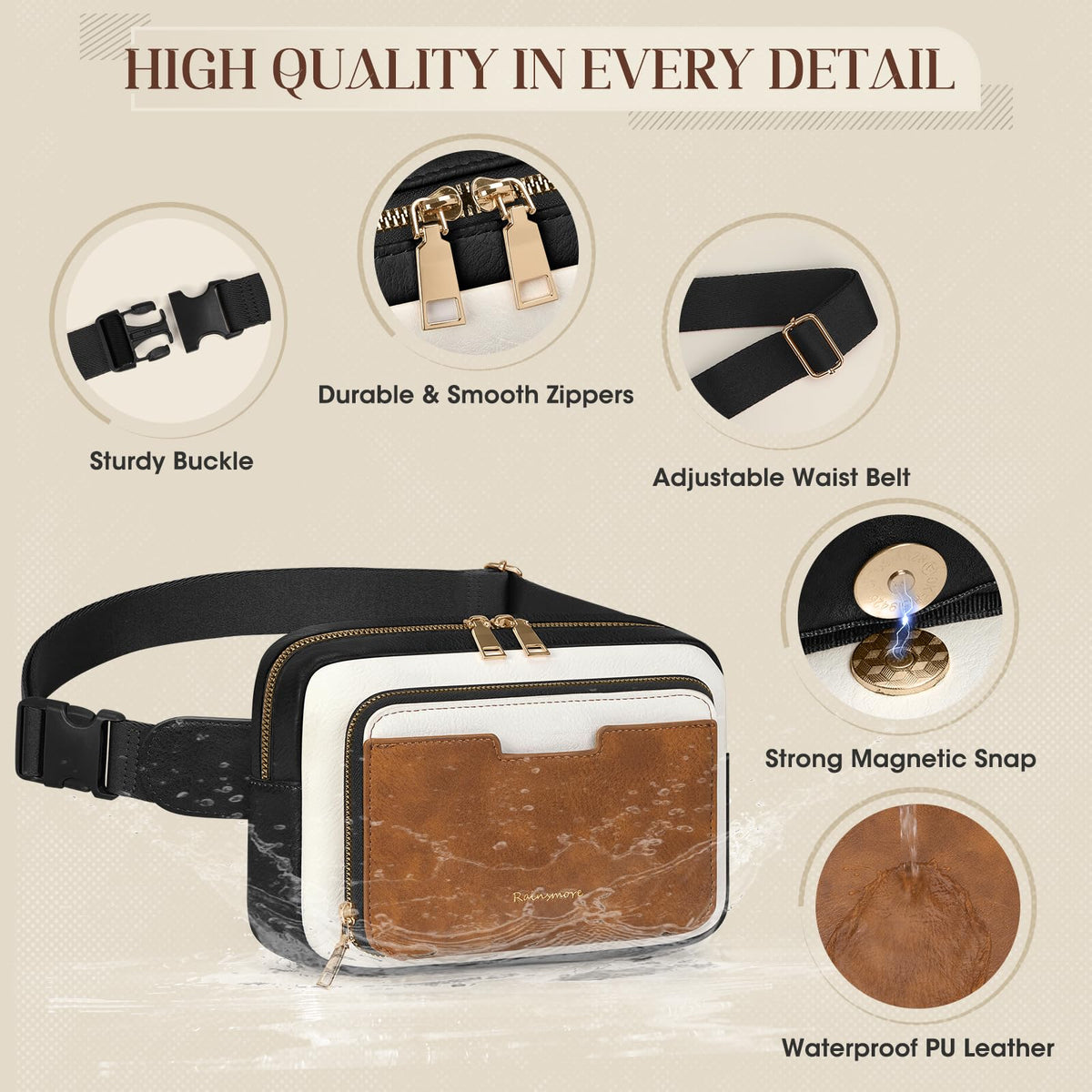 RAINSMORE Fanny Packs for Women, Leather Belt Bag Waterproof Everywhere Crossbody Waist Pack with Adjustable Strap Retro Sling Chest Bag for Work Running Travel Party, Black and Brown with White