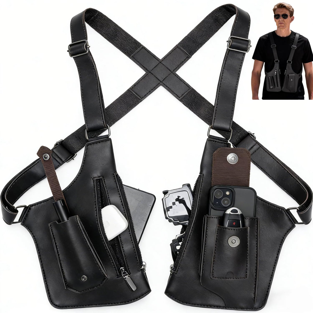 Premium Shoulder Bag for Men, Double Shoulder Armpit Bag Fashion Underarm Holster Wallet Adjustable PU Leather Waterproof Anti-Theft Harness for Men- Boyfriend, Father, Teen Gifts