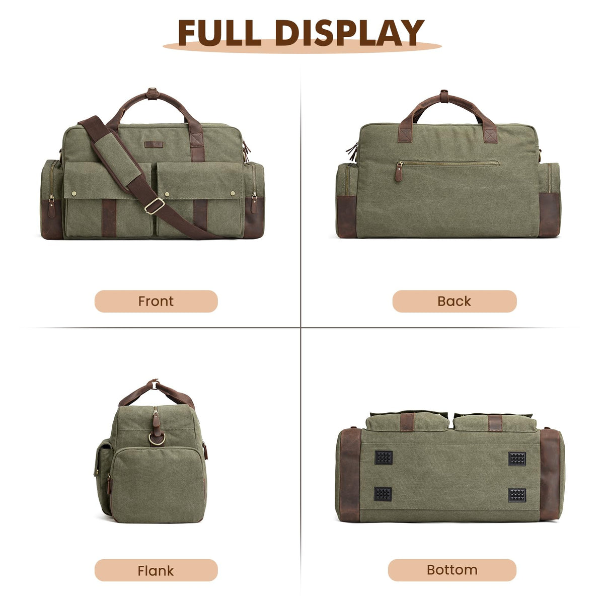 S-ZONE Large Canvas Travel Duffel Bag Weekend Overnight Bag Carry on Leather Trim Holdall Gym Bag with Multi-Pockets for Men and Women, Army Green