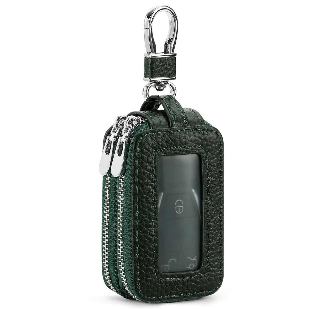 SENDEFN Car Key Fob Case Double Zipper Leather Smart Remote Keychain Protector Holder with Transparent Window