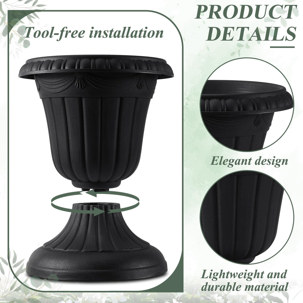 Zhehao 4 Pcs Plastic Urn Planter 10 x 11.5 Inch Black Classic Flower Pots Front Porch Planters Indoor Outdoor Planters with Pedestal for Wedding Party Bridal Shower Garden Patio Home Decor