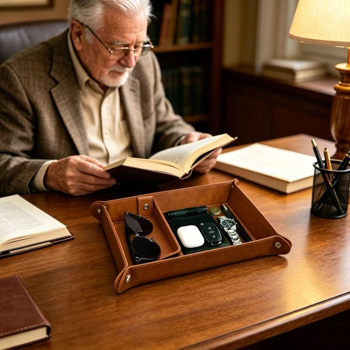 Papa Grandpa Gifts for Fathers Day PU Leather Valet Tray and Keychain, Father's Day Birthday Gift for Grandpa from Granddaughter Grandson, Men Gift for Grandpa Grandfather Presents Useful Stuff