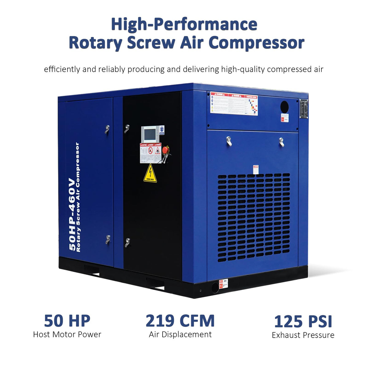 50HP Rotary Screw Air Compressor, 219CFM, 125PSI, 460V 3PHASE 60HZ, Fixed Speed Compressor, Industrial-Grade, Heavy Duty Air Compressed System