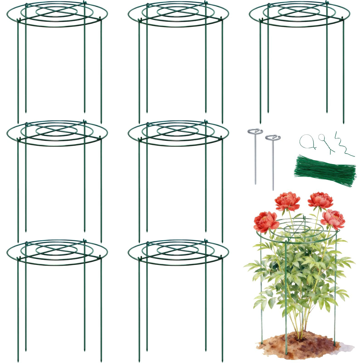 Lancisism 8 Pack Peony Cages and Supports - Heavy Duty Grow Through Metal Plant Support for Outdoor Plants - Plant Support Frame Ring for Rose Tomato Hydrangea Sage Strawberry 12" D x 16" H