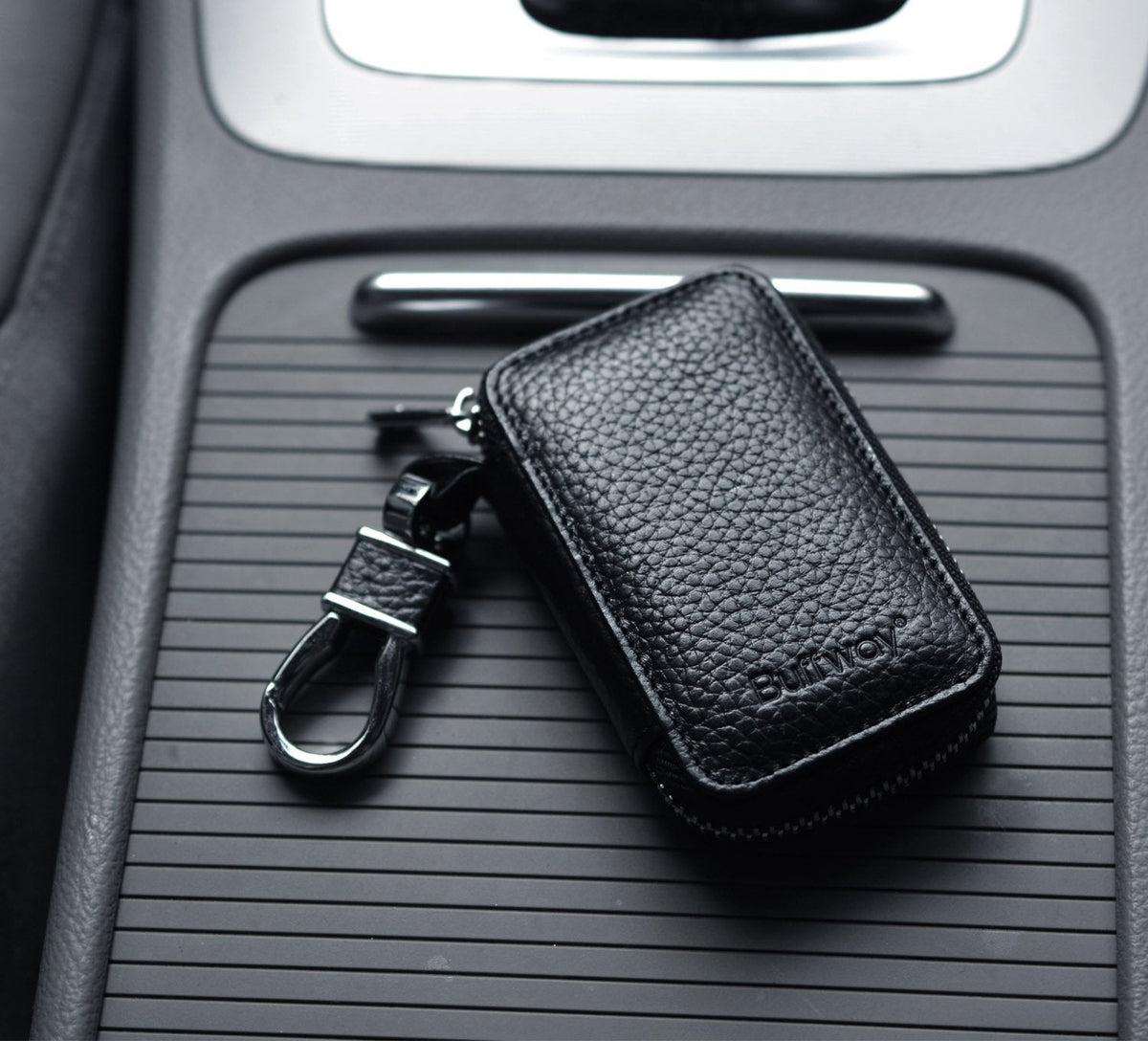 Buffway Car Key case,Genuine Leather Car Key Chain Keychain Holder Metal Hook and Keyring Zipper Bag for Remote Key Fob - Black