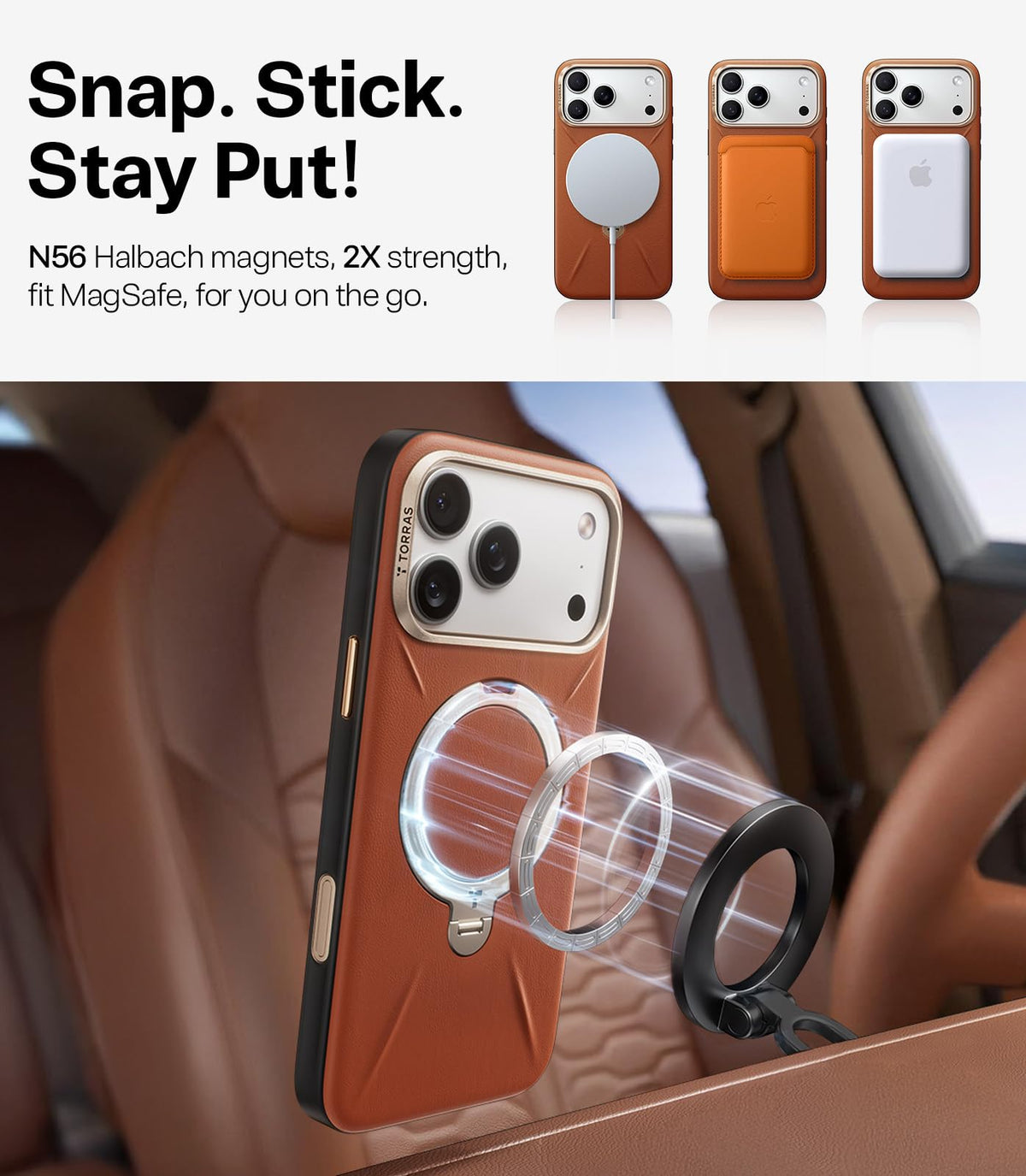 TORRAS Organic Leather for iPhone 17 Pro Case with Stand, Fit for Magsafe, 360 Spin Stand with Camera Control, Premium Leather Durable Stylish Q3 VegSkin for iPhone 17 Pro Phone Case, Saddle Brown