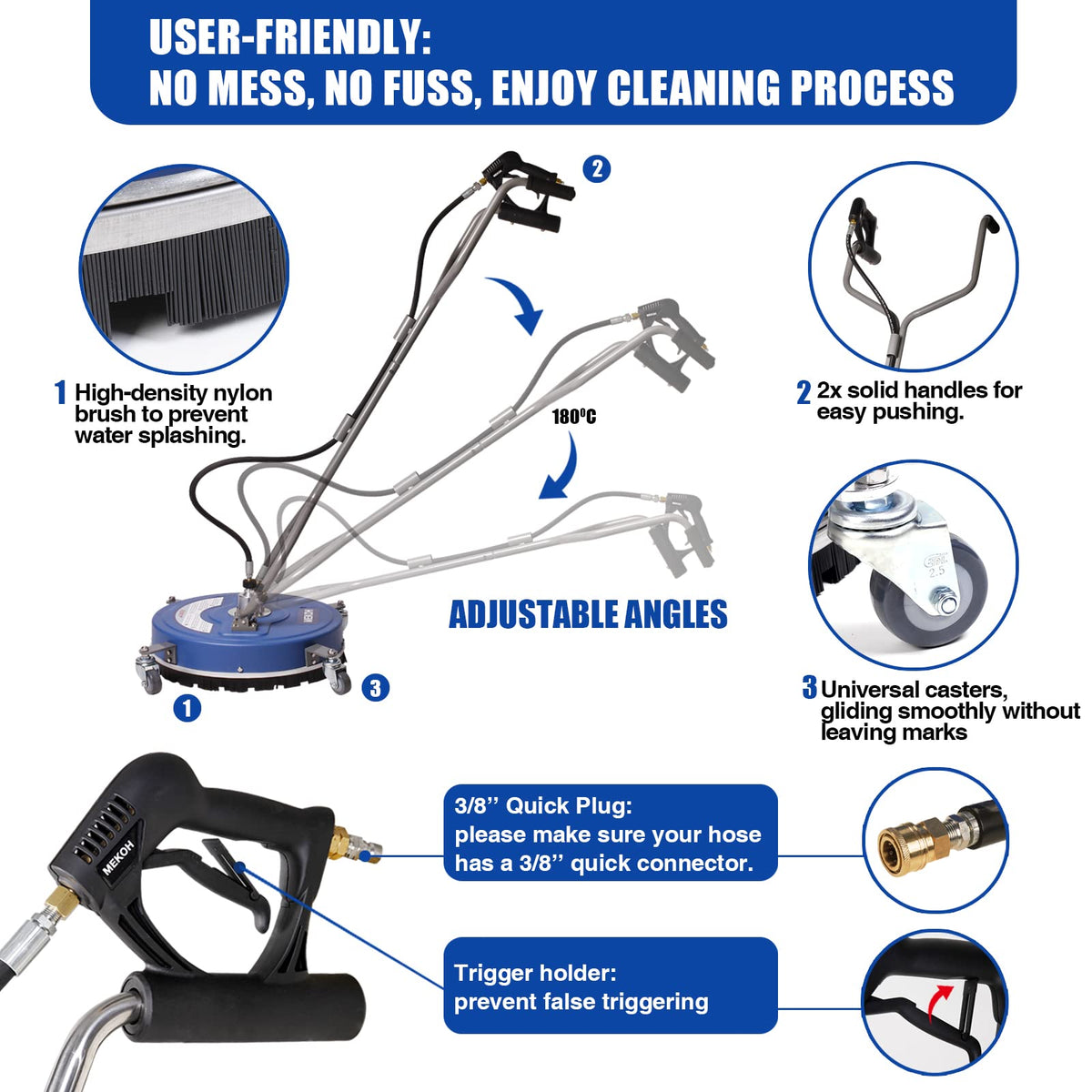 MEKOH Pressure Washer Surface Cleaner 20'', 4500PSI Power Washer Surface Cleaner Attachment with Wheels, Pressure Washer Accessory for Driveway Sidewalk Curb Deck Patio Cleaning, 3/8'' Quick-Connect