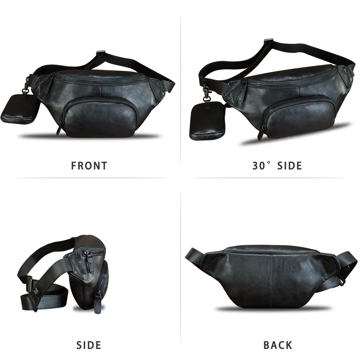 Genuine Leather Waist Bag Hip Bag Fanny Packs for Women and Men Real Leather Fanny Bag Sling Bag Crossbody Bags Chest Purses (Black)
