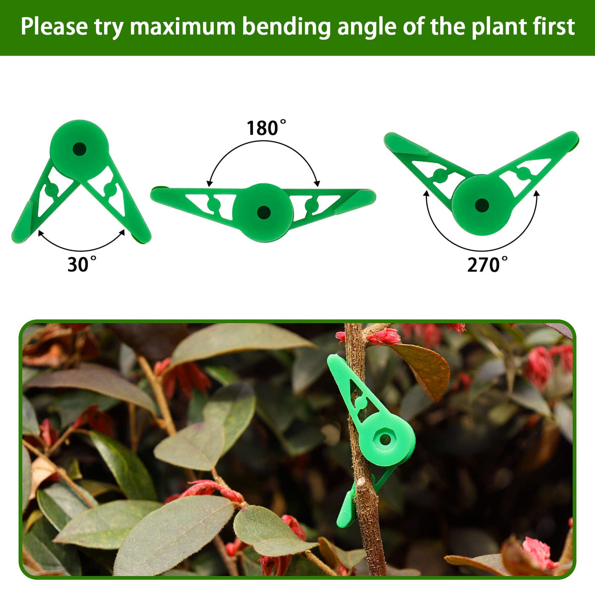 YBB 60 Pcs 360 Degree Adjustable Plant Clips, Plant Branches Bender Stem Trainer Clips for Low Stress Training (Green + White)
