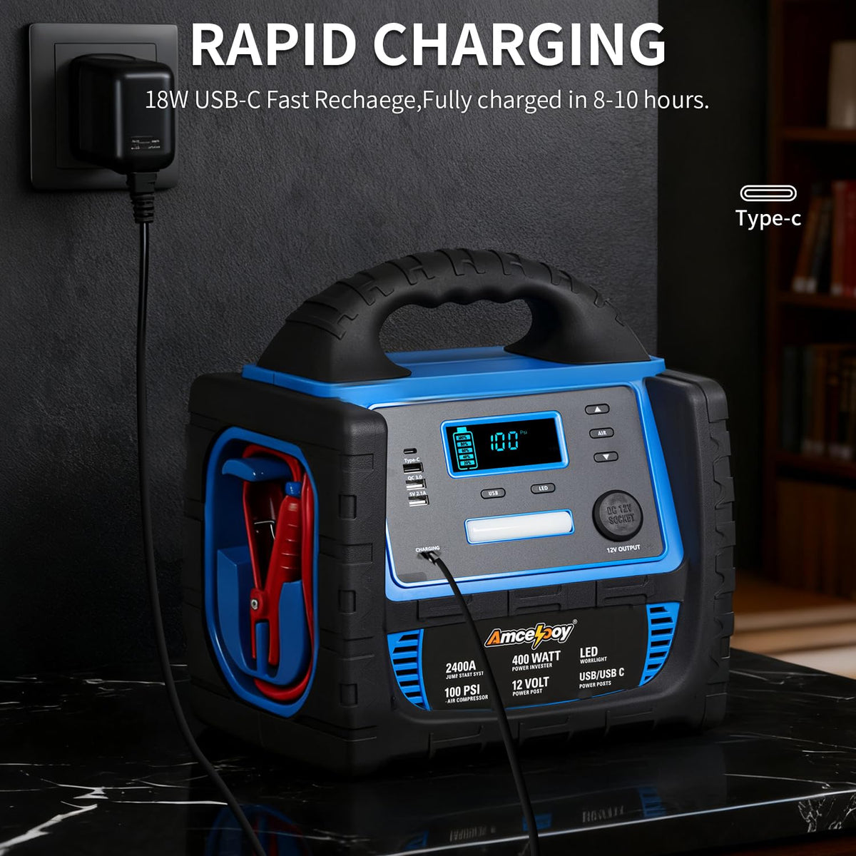 Amcelooy 2400A Car Battery Jump Starter and Portable Power Station – Starts 8.0L Gas & 8.0L Diesel – 6-in-1 Jump Starter with Air Compressor 100 PSI Tire Inflator – 400 Watt Inverter AC/DC/USB Outlets