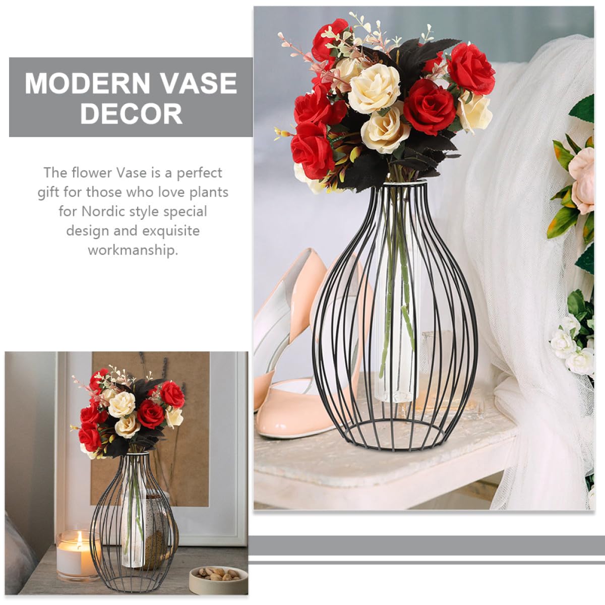 Beavorty Glass Tube Hydroponic Propagation Station with Black Iron Frame, Geometric Nordic Style Plant Terrarium Vase for Home Table Decoration