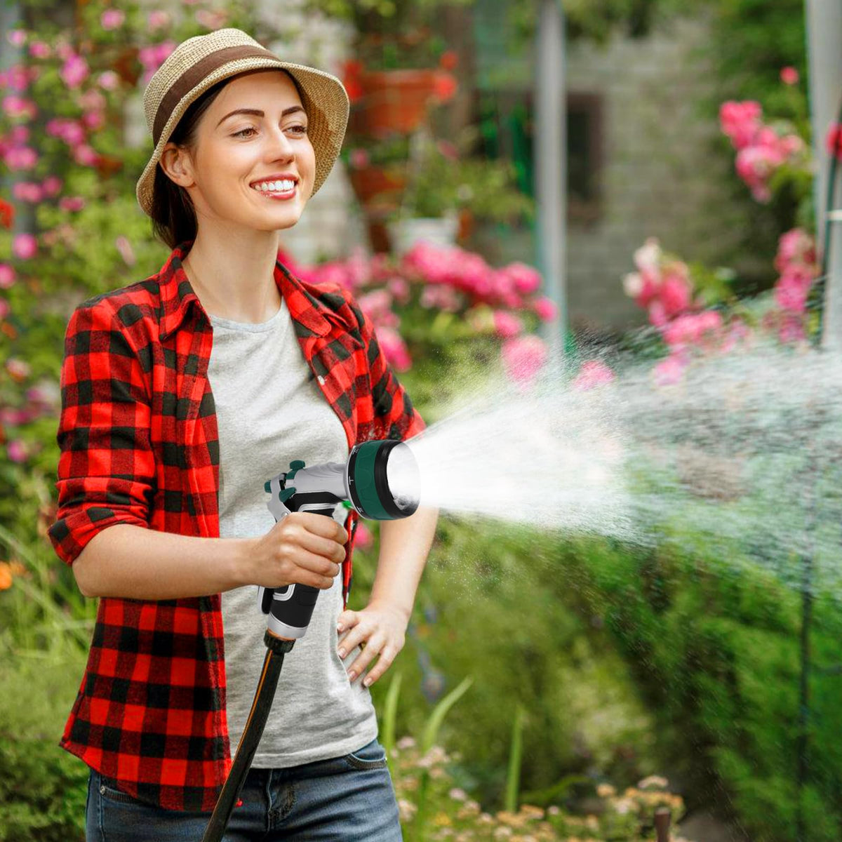 Seatern Garden Hose Nozzle, Heavy Duty Metal Water Hose Sprayer Nozzle with 8 Spray Patterns, High Pressure Handheld Nozzle with Flow Control for Lawn & Plant Watering, Car Washing – Forest Green