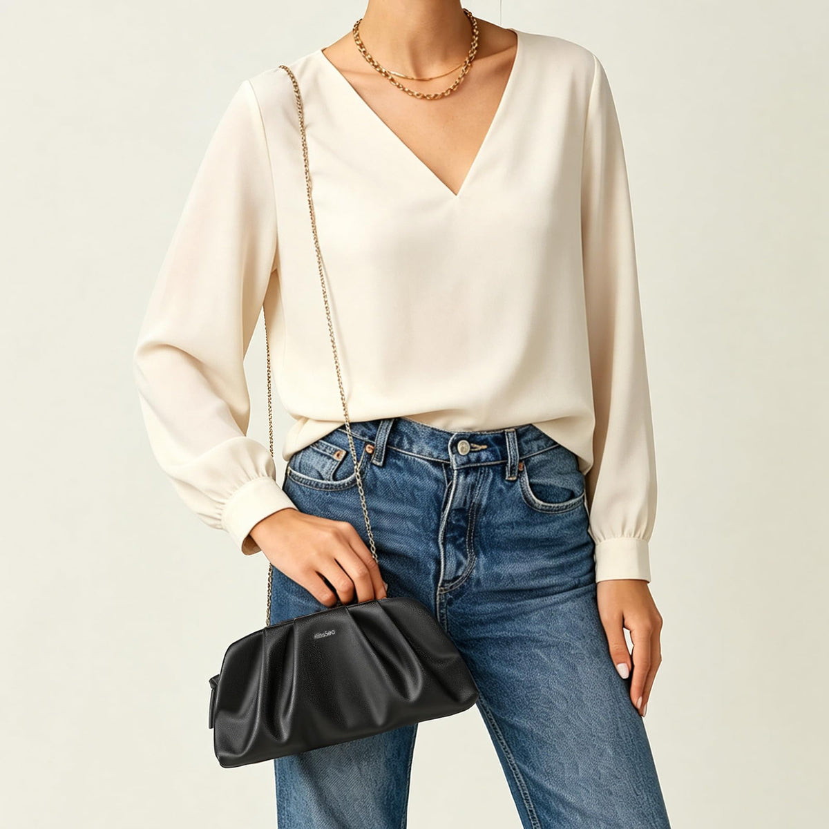 Kiss Sea Zipper Purses for Women Soft Pleated Vegan Leather Crossbody Bags Small Evening Bag for Cocktail Parties Black