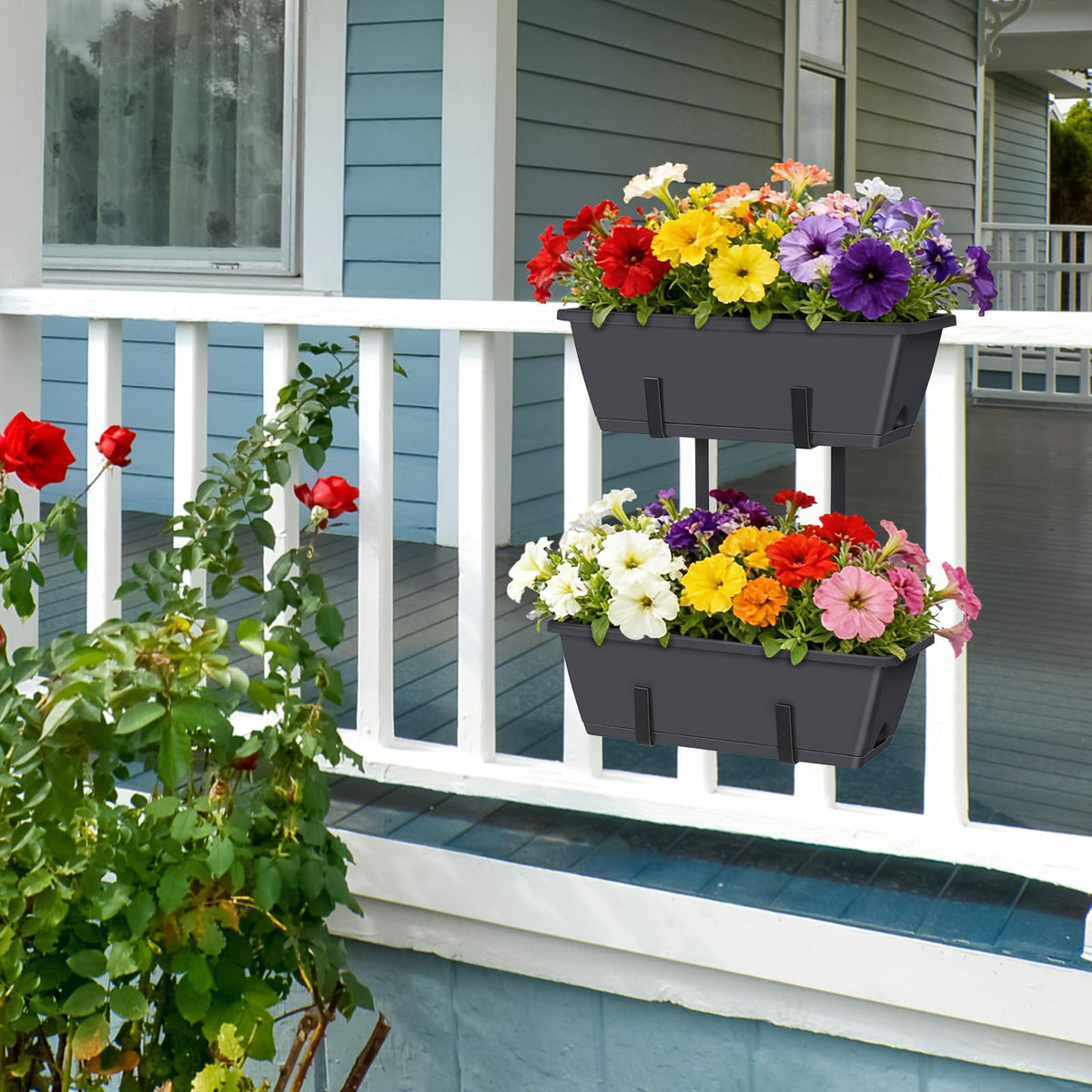 Railing Planter Box 2 Pack Rectangular Window Boxes Planters with Double Adjustable Brackets, Balcony Deck Railing Hanging Planters Herb Flower Pots for Indoor Outdoor Plants Garden Fence Rail