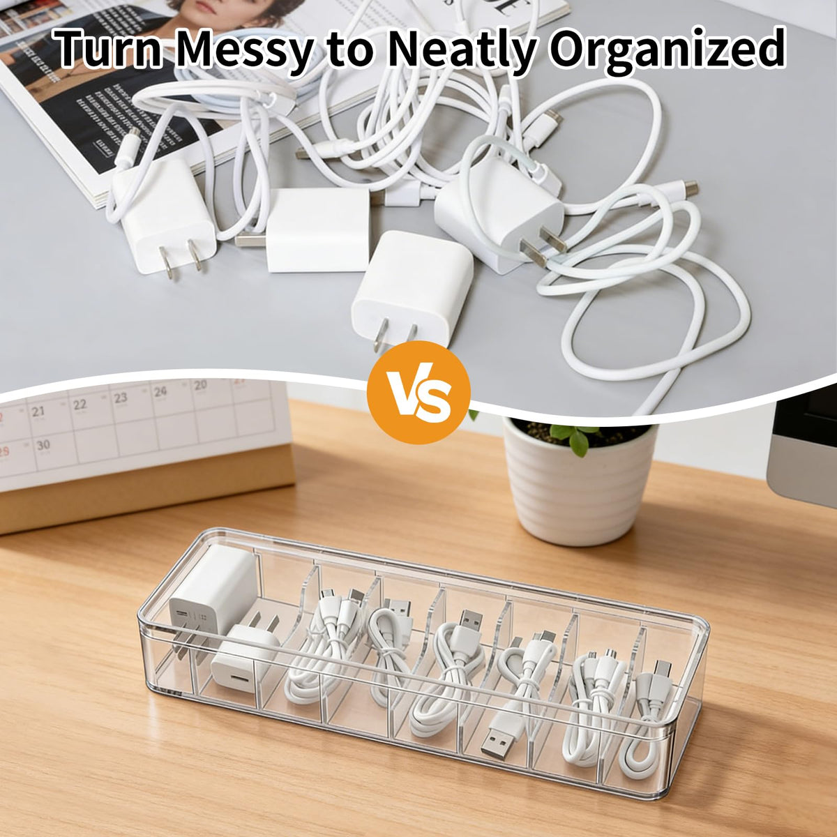 2 Pack Cable Organizer Box with Lid - Stackable Charger Cord Storage Organizer with 20 Wire Ties - Adjustable Compartments Phone Cables Wire Management Box for Drawer Desk Office Home Accessories