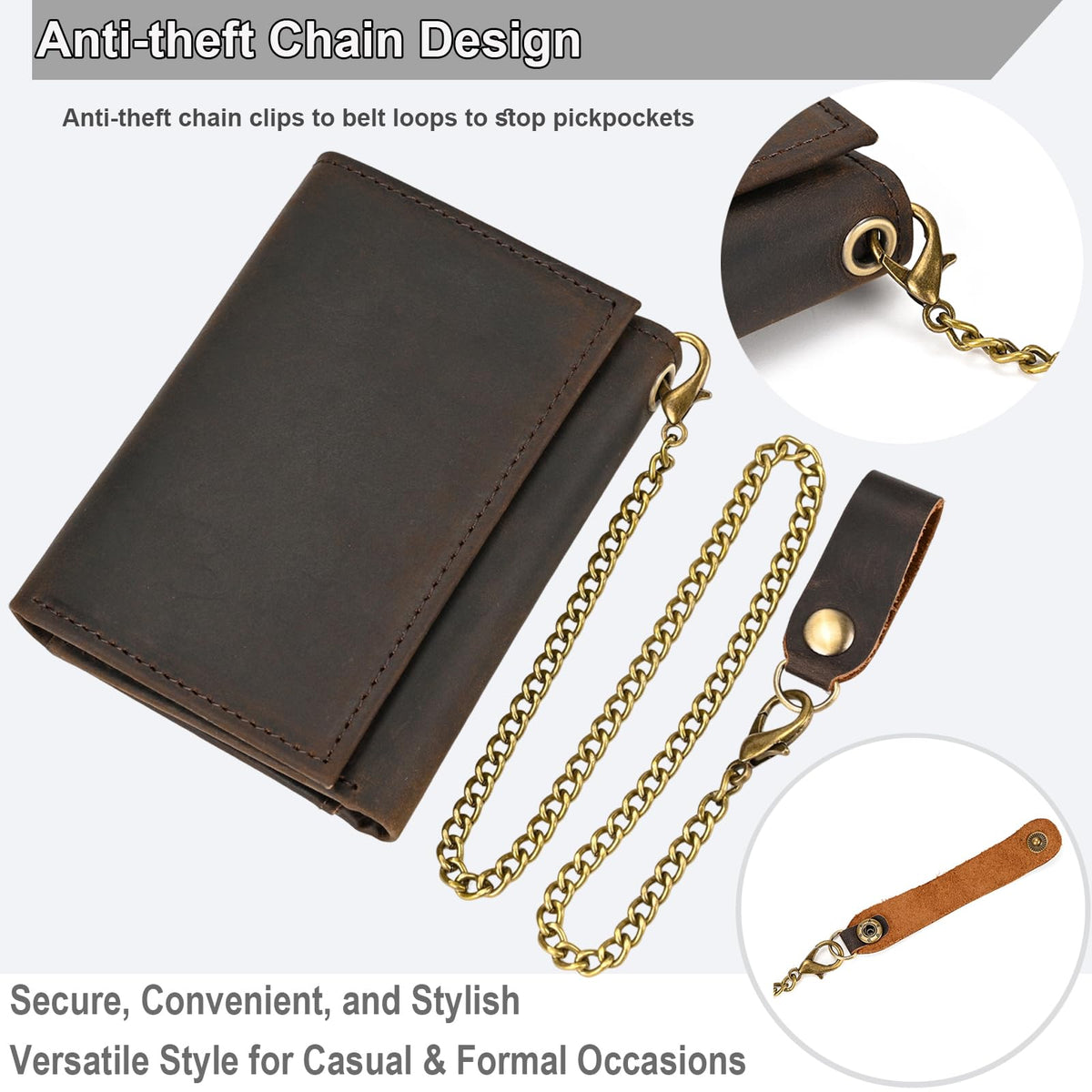 Yevabo Men's Full Grain Leather Trifold Wallet with Chain - Vintage Full Grain Leather Short Purse for Men with Multi-Card Slots, ID Window, Key Holder, Dark Brown