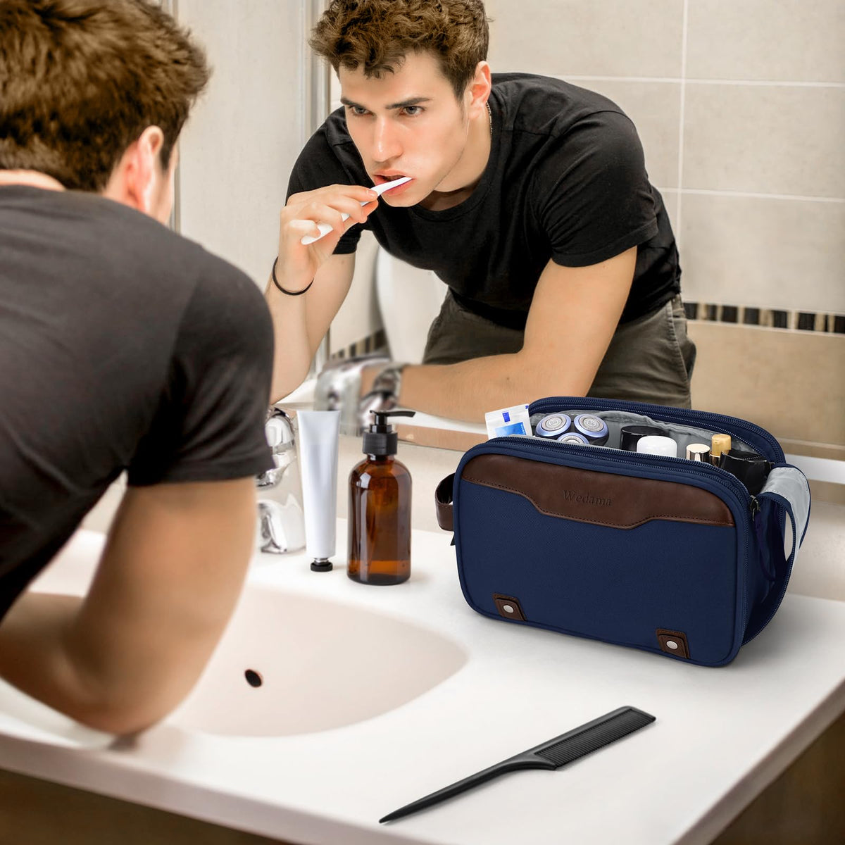 Wedama Toiletry Bag for Men, Medium Hanging Travel Toiletry Bag, Extra Electronic Organizer Bag Waterproof Shaving Bag for Toiletries with PU Handle for Travel Business Trips Swim Camping, Blue