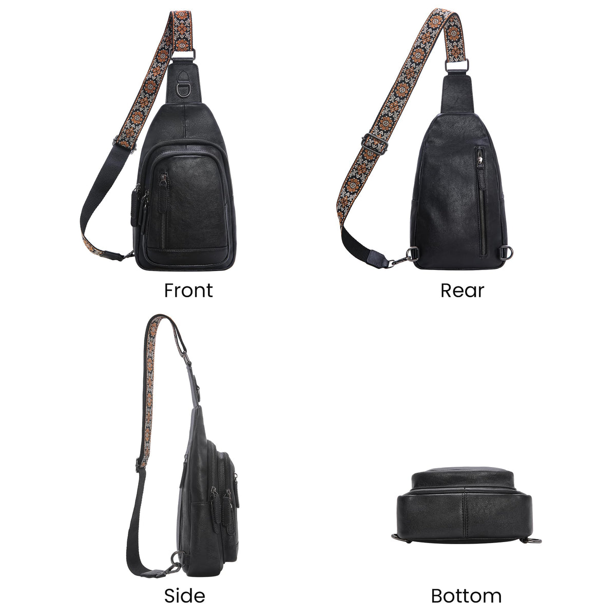 HESHE Leather Sling Bag for Women Crossbody Bags with Multi-Pocket Stylish Fanny Packs for Travel Chest Bag (Black)