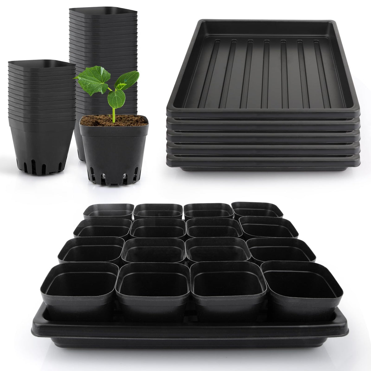 Mlhezy 80Pcs 2.5inch Square Nursery Pots with 5Pcs Seed Starting Trays, Seed Starter Tray Kit, Seeds Starting Germination, Seeding Pots with Drain Holes, Small Plant Nursery Propagation