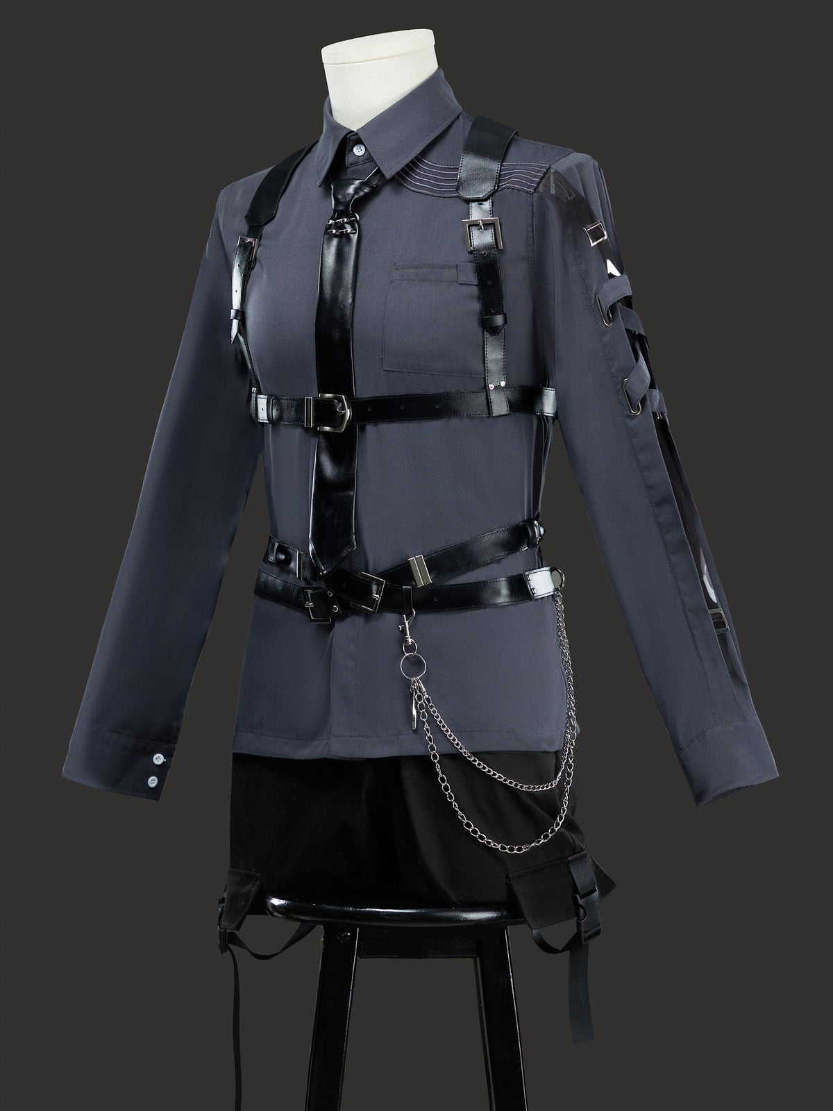 miccostumes Unisex Cosplay Accessory Black Leather Body Harness Belt Set with Waist Chain Gloves Necktie (black, S/M)