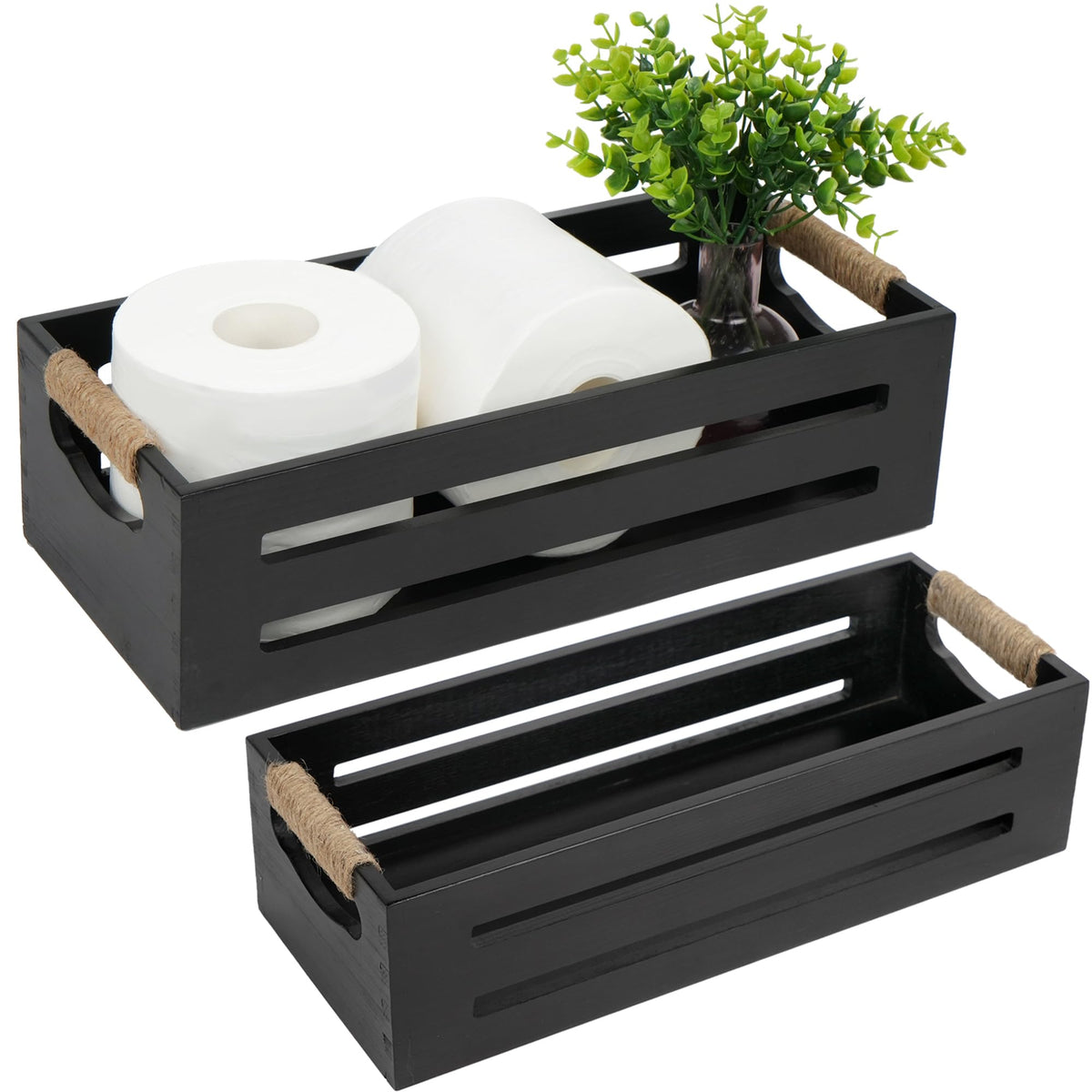 LotFancy Bathroom Decor Box, 2 Pack Toilet Tank Topper Basket, Wooden Bathroom Basket, Back of Toilet Storage Basket, Black Farmhouse Toilet Paper Holder