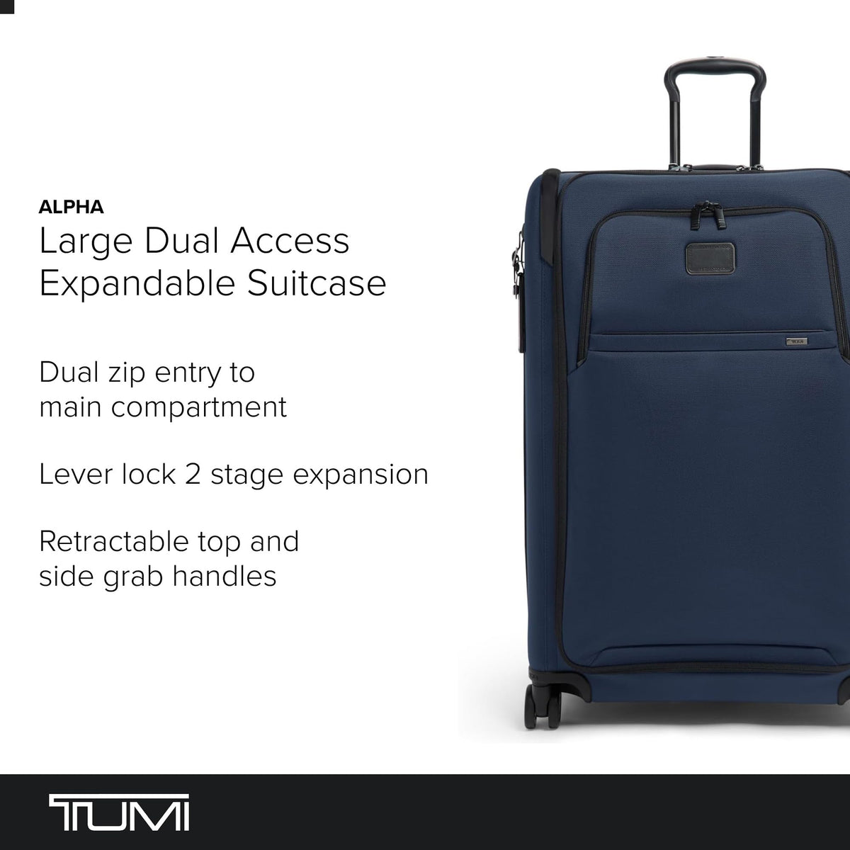 TUMI - Alpha Large Dual Access Expandable 4-Wheeled Checked Luggage - Zipper Expansion - Durable Large Capacity Suitcase with TSA Lock - Navy