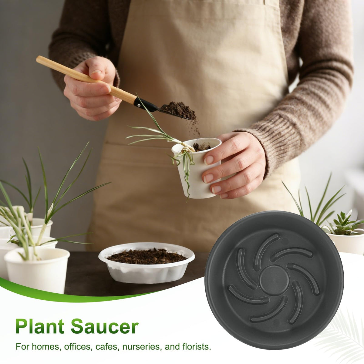 M METERXITY 2-Pack Plant Saucer, 6.5 Inch/ 16.5cm Plastic Plant Trays Thicker for Pots/Indoor/Outdoor/Water Drainage and Protection, Flowerpot Drip Tray [Grayish Black]