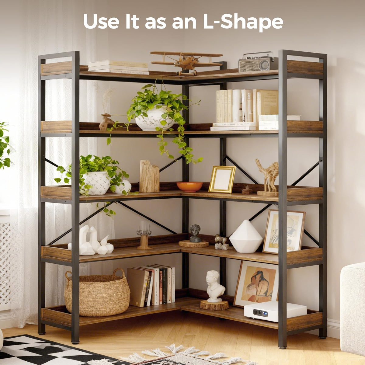 GTPLAYER 5-Tier Corner Bookshelf, L-Shaped Metal Frame Shelf with Tall 14" Shelves, Plant Stand and Storage Rack for Small Spaces, Living Room and Home Office, Rustic Brown