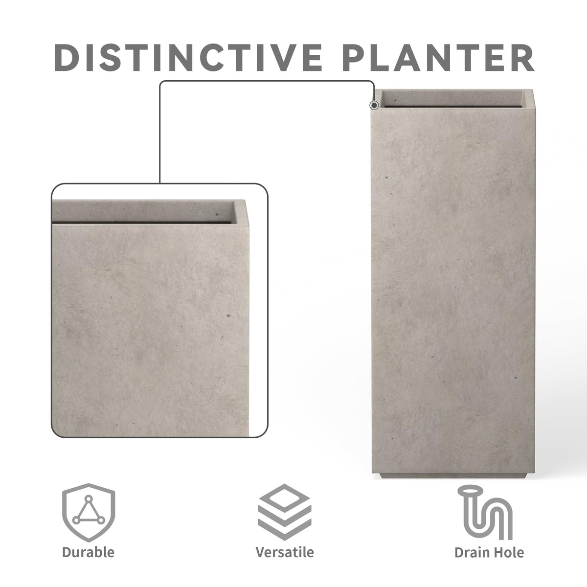 Kante 19.9" H Tall Rectangular Concrete Planter, Modern Square Diameter Plant Pot with Drainage Hole and Rubber Plug for Indoor Outdoor Home Patio Garden, Weatheted Concrete