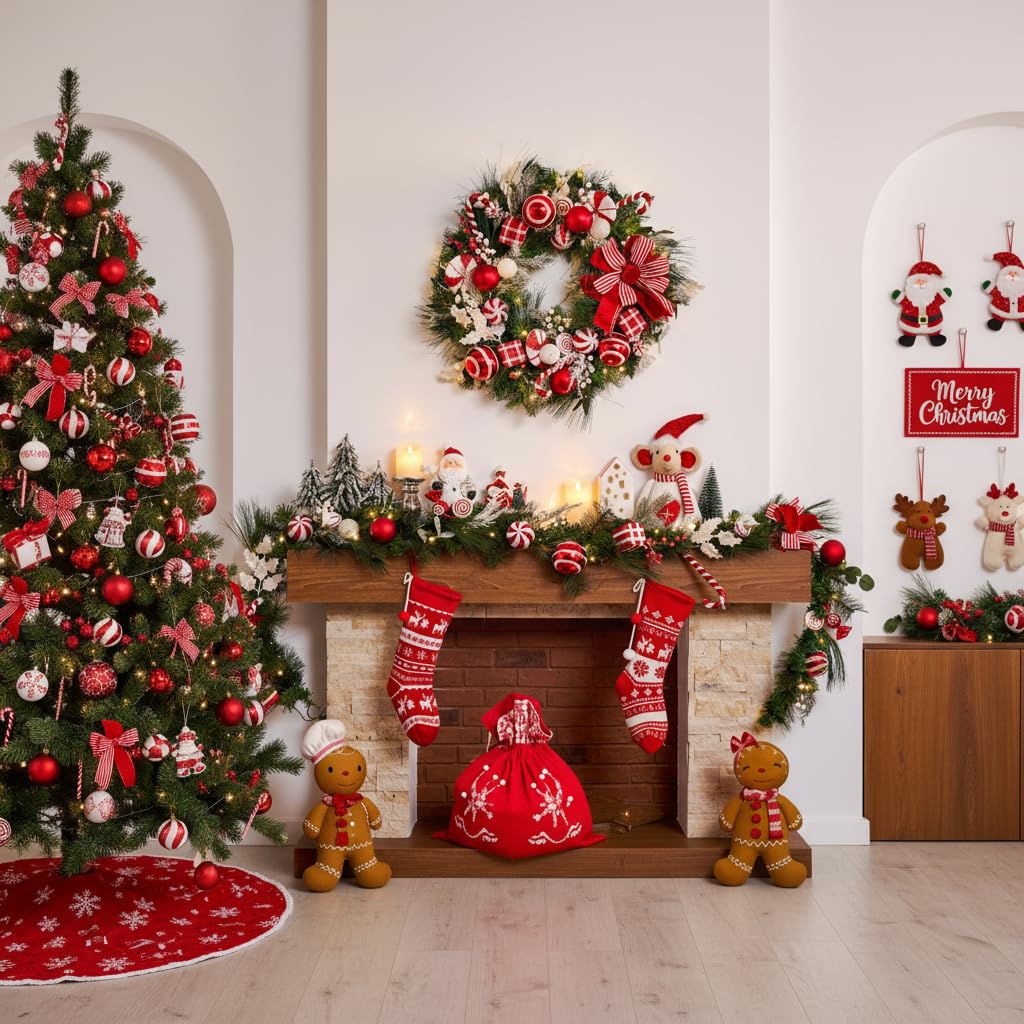 Valery Madelyn 30'' Pre-Lit Christmas Wreath for Front Door with Lights, Large Lighted Outdoor Christmas Wreath with Red White Xmas Balls & Bow for Home Porch Fireplace Window Holiday Wall Decor