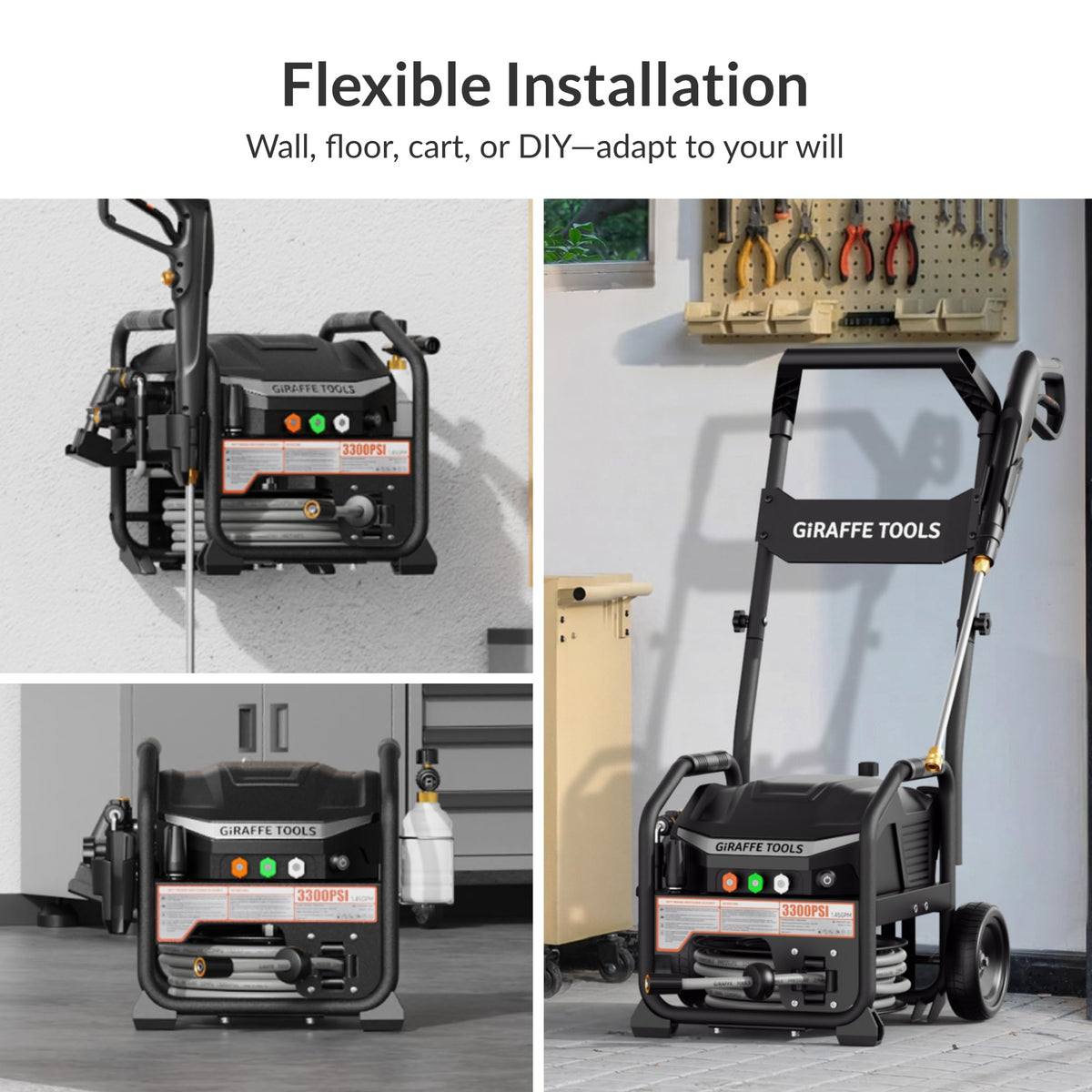 Giraffe Tools Crossfalls Retractable Pressure Washer Max, 3000PSI, 1.45GPM, 1800W Induction Motor, Wall Mounted Electric Power Washer with 50ft Pressure Hose, 4-Nozzles, Foam Cannon, Automatic Rewind