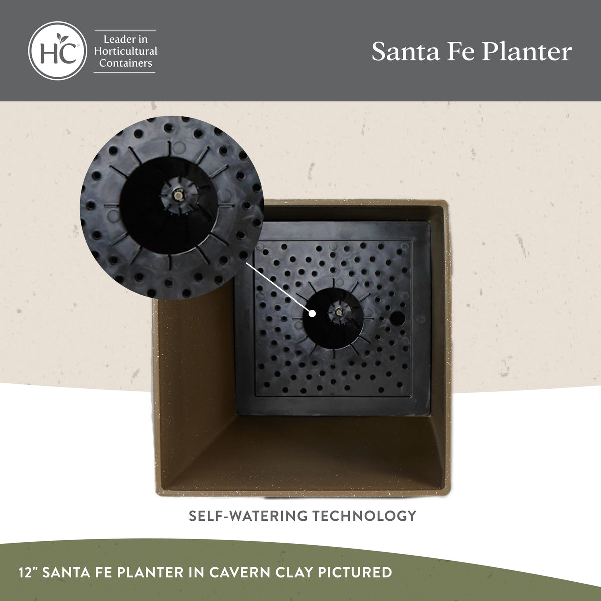 The HC Companies Santa Fe Square Self-Watering Pot - Lightweight Plastic Planter for Herbs & More - Durable Plant Pots for Indoor Plants & Outdoor Plants (12" Black Sand, Pack 2)
