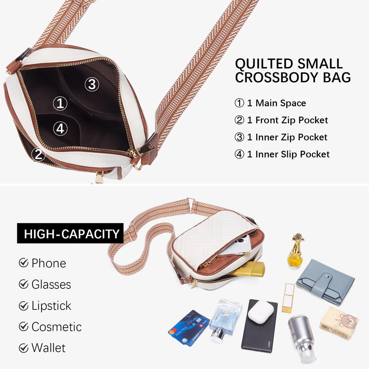 BOSTANTEN Quilted Crossbody Bags for Women Vegan Leather Purses Small Shoulder Handbags with Wide Strap Beige with Brown