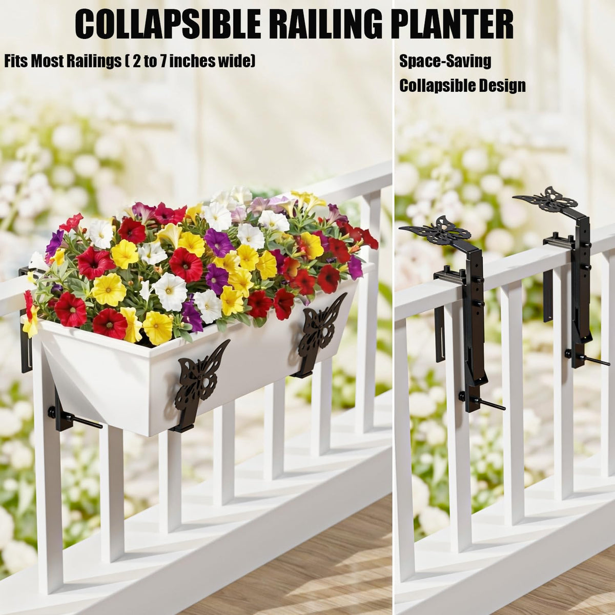 HFHOME Window Box Brackets, Adjustable Planter Box Brackets, Heavy Duty Flower Railing Planter Bracket for Balcony, with Enhanced Bottom Support, Perfect for Deck, Fence and Garden - Black (6 Pack)