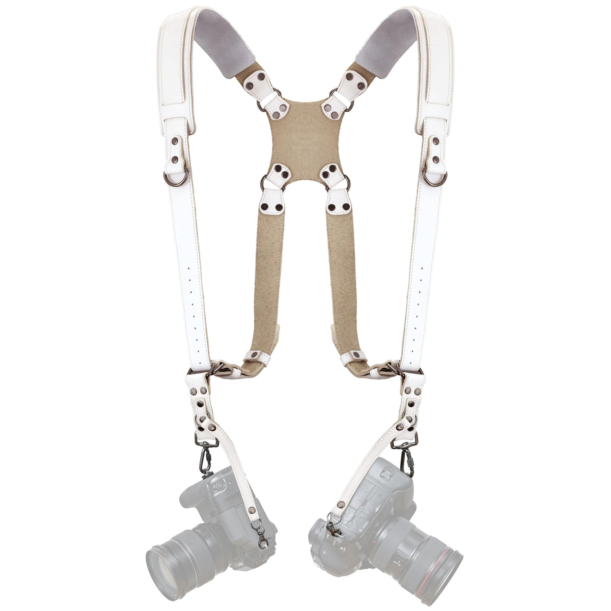 Padwa Lifestyle White Dual Camera Harness for Two Cameras - Wide Strap with Thick Shoulder Padded,Full Grain Leather Double Harness,Multi Camera Gear for DSLR Strap for Photographers