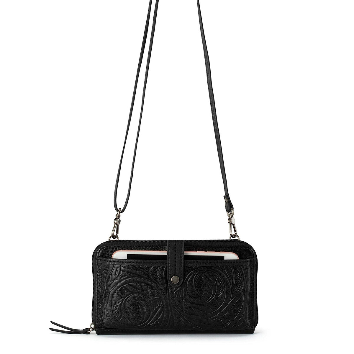 The Sak Iris Large Smartphone Crossbody Bag in Leather, Convertible Wristlet Purse Design, Black Leaf Embossed