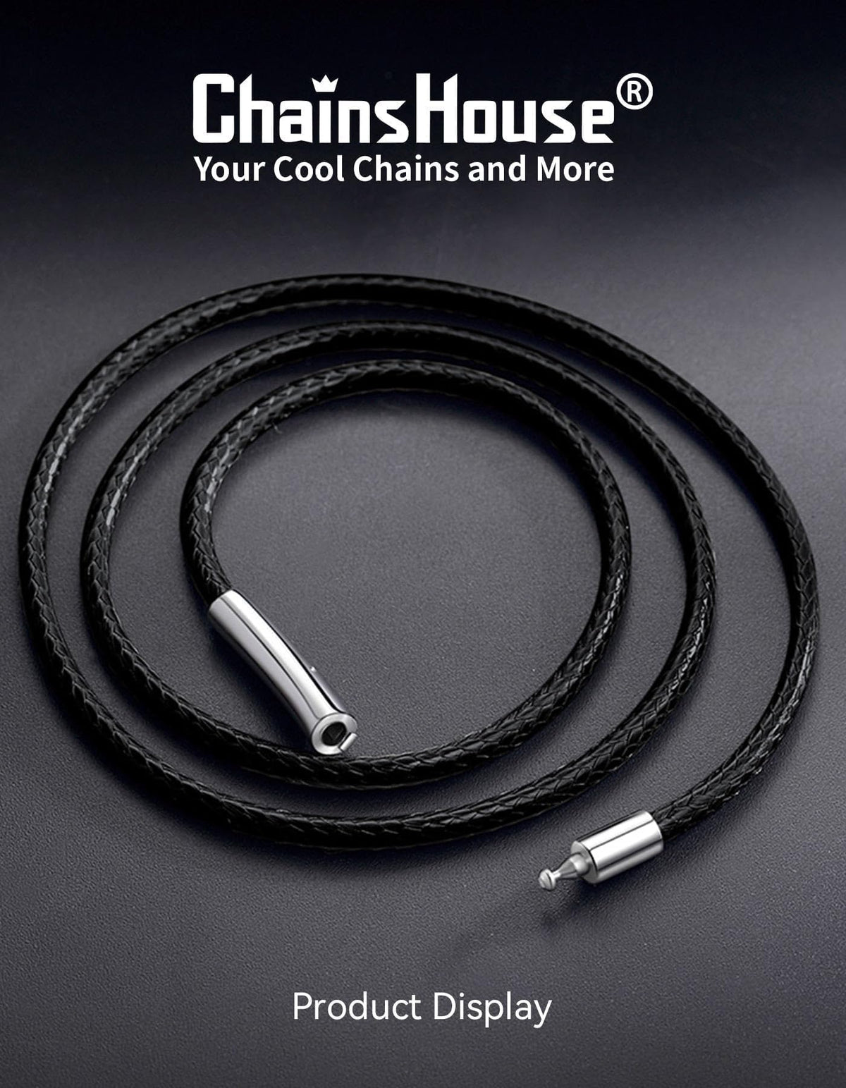 ChainsHouse Mens Leather Necklace, 20 Inches 3MM Black Rope Cord with Stainless Steel Clasp, Waterproof Braided Leather Chain for Pendant Gift Ready