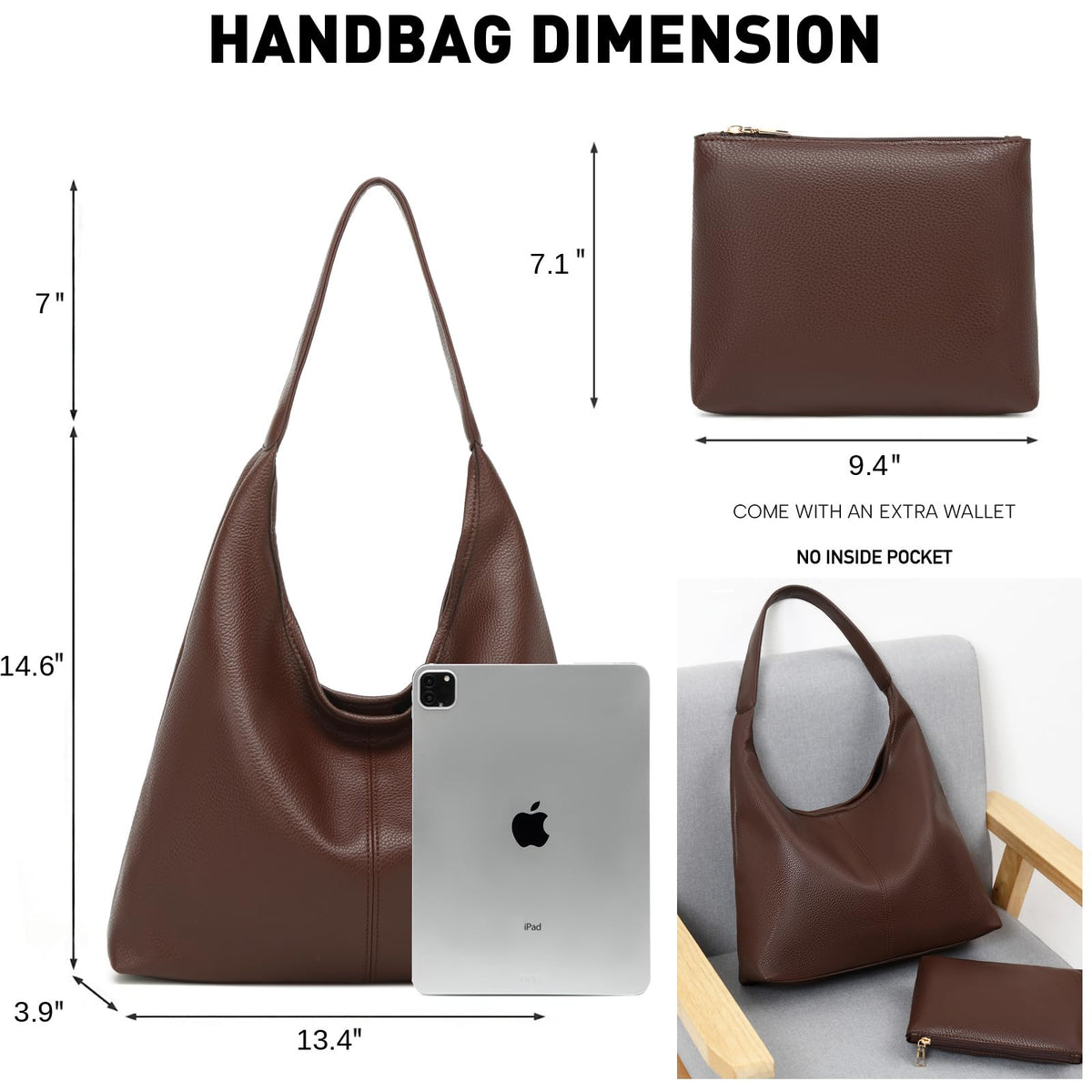 Casual Hobo Bag for Women Soft Shoulder Bags Slouchy Pu Leather Tote Purses for Work Travel