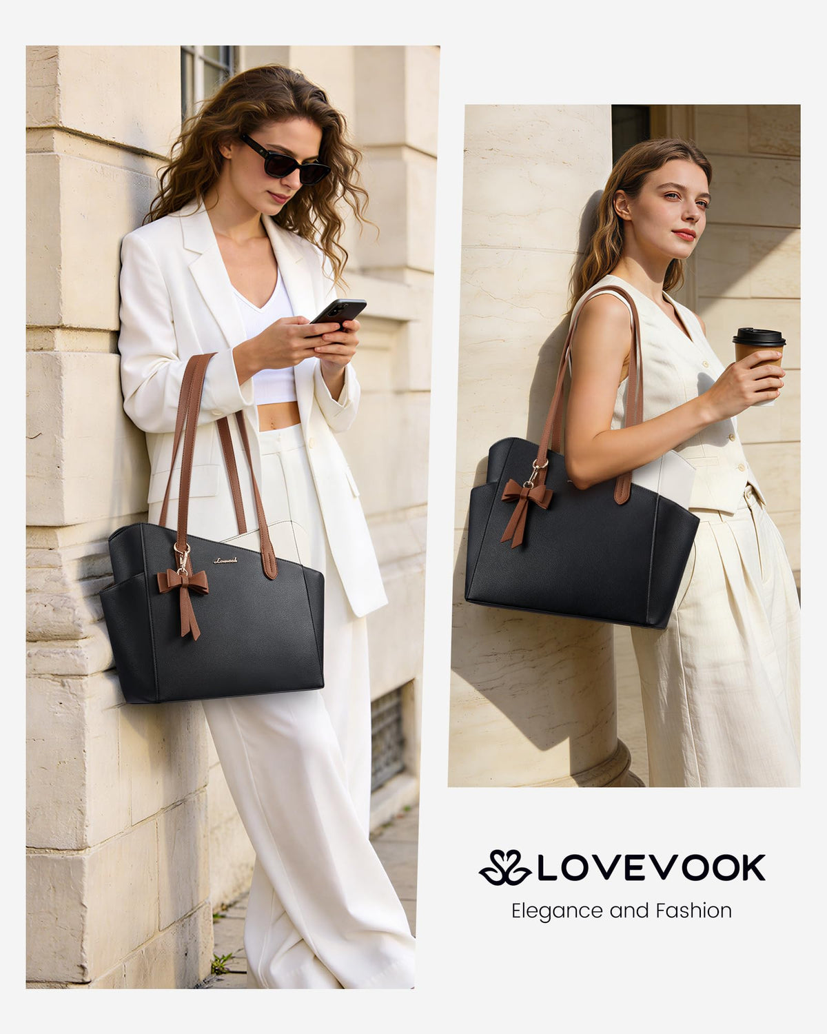 LOVEVOOK Small Tote Purse for Women, 2026 Structured PU Leather Handbags with Top Handle, Elegant Satchel Shoulder Bag Black-White-Brown