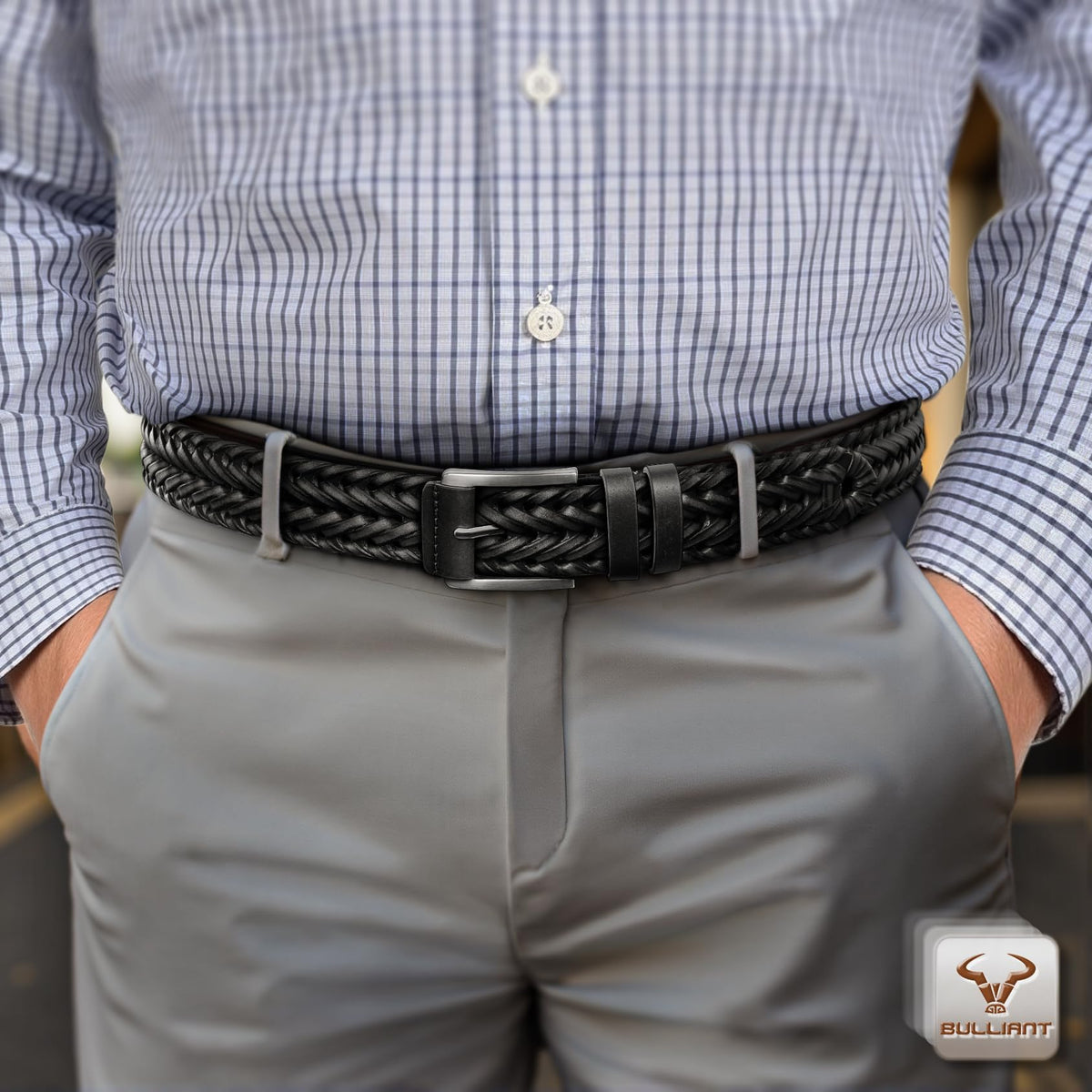 BULLIANT Men Belt, Braided Leather Belt Adjustable For Men Casual Jeans Golf 1 3/8"(Black/Blue,26"-30" Waist Adjustable)