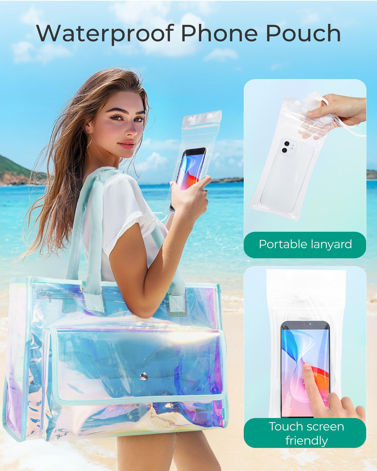BAGSMART Waterproof Beach Bag for Women with Phone Pouch, Large Tote Bag for Pool, Travel and Vacation