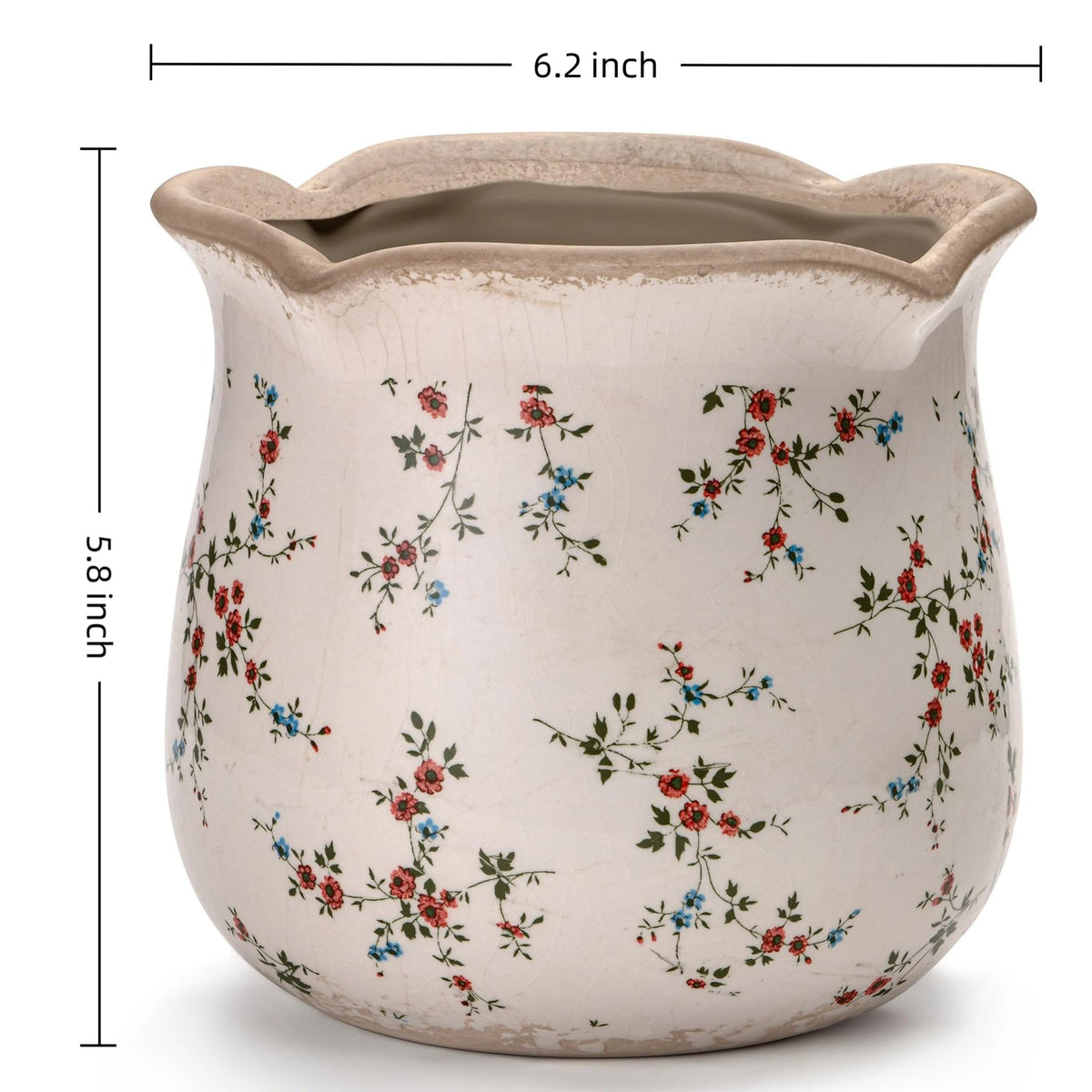 behen bahen Vintage Ceramic Planter Pot with Drainage Holes, Green Floral Design, 6.11 Inch, Distressed Tuscan Style, Indoor Plant Pot and Vase (Small Red Blooms)