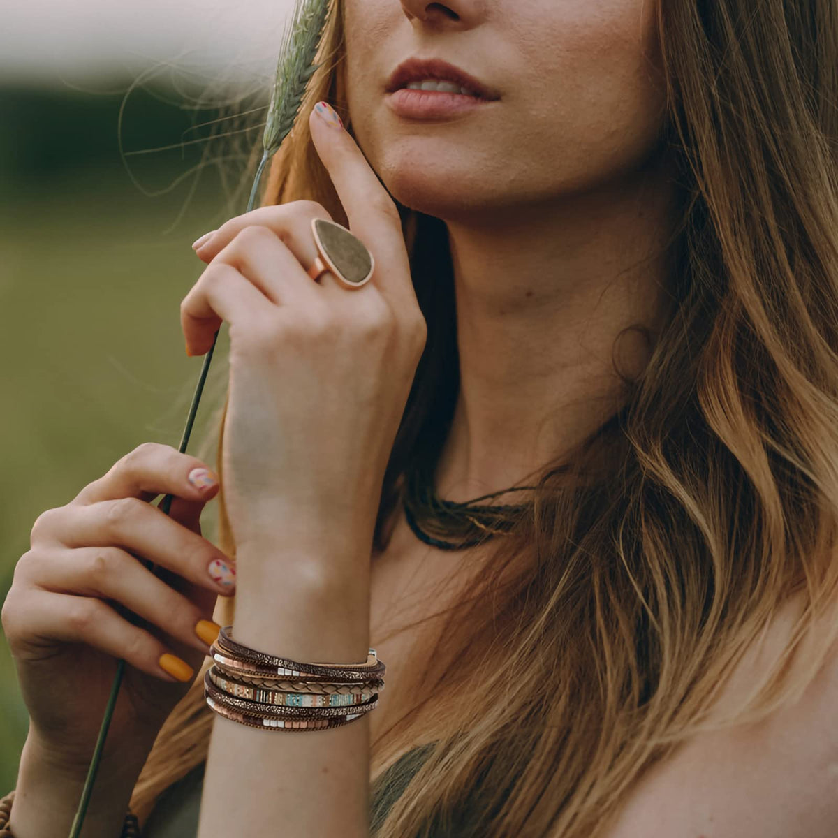 Fesciory Leather Wrap Bracelets for Women, Boho Leopard Multi-Layer Crystal Beads Cuff Bracelet Jewelry (Boho Braid(Brown))