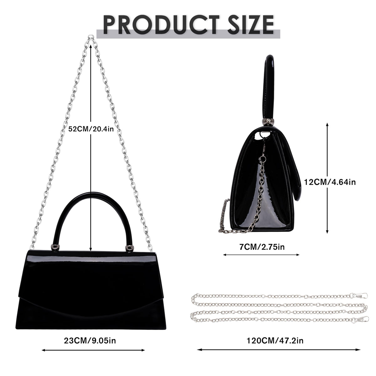 Larcenciel Patent Leather Evening Clutch Handbag, Classic Black Purses for Women w/Chain Strap & Magnetic Closure, Elegant Envelope Top Handle Party Bags for Wedding Formal Events Cocktail Party Prom