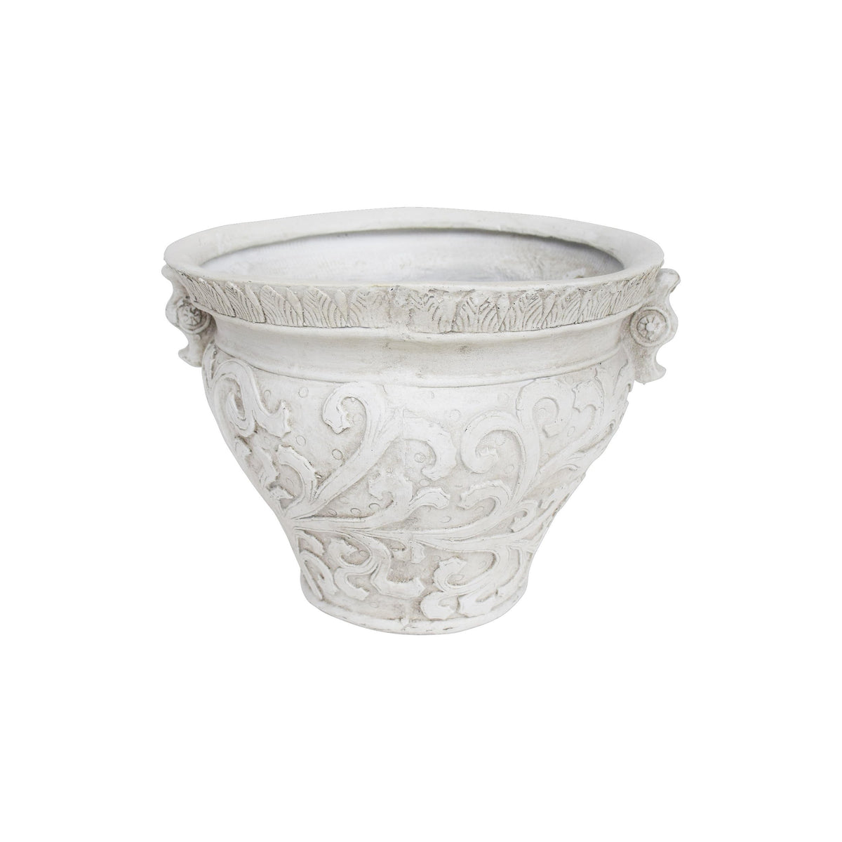 Christopher Knight Home Armis Round Concrete Planter, Indoor Outdoor Garden Plant Pot with Drainage Hole, Floral Relif Patio Urn Planter for Front Porch/Backyard, Outdoor Planter Box, Antique White