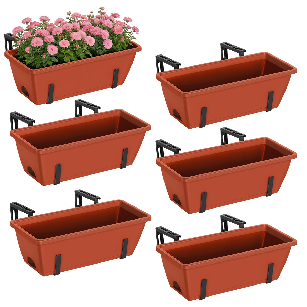 CADUKE 6 PCS Railing Planter Boxes, Planter Boxes with Adjustable Bracket, 17 Inch Deck Rail Planters for Outdoor Plants, Flower Pots for Balcony Garden Decor, Red