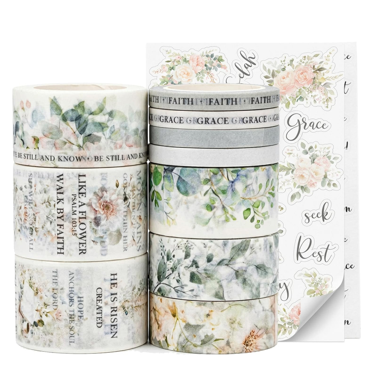 Bible Journaling Washi Tape Set for Women – 10 Rolls + Sticker Sheets, Floral Faith Theme Washi Tape with Scripture Verse & Christian Words, Decorative Tape for Planner, Prayer Journal Supplies