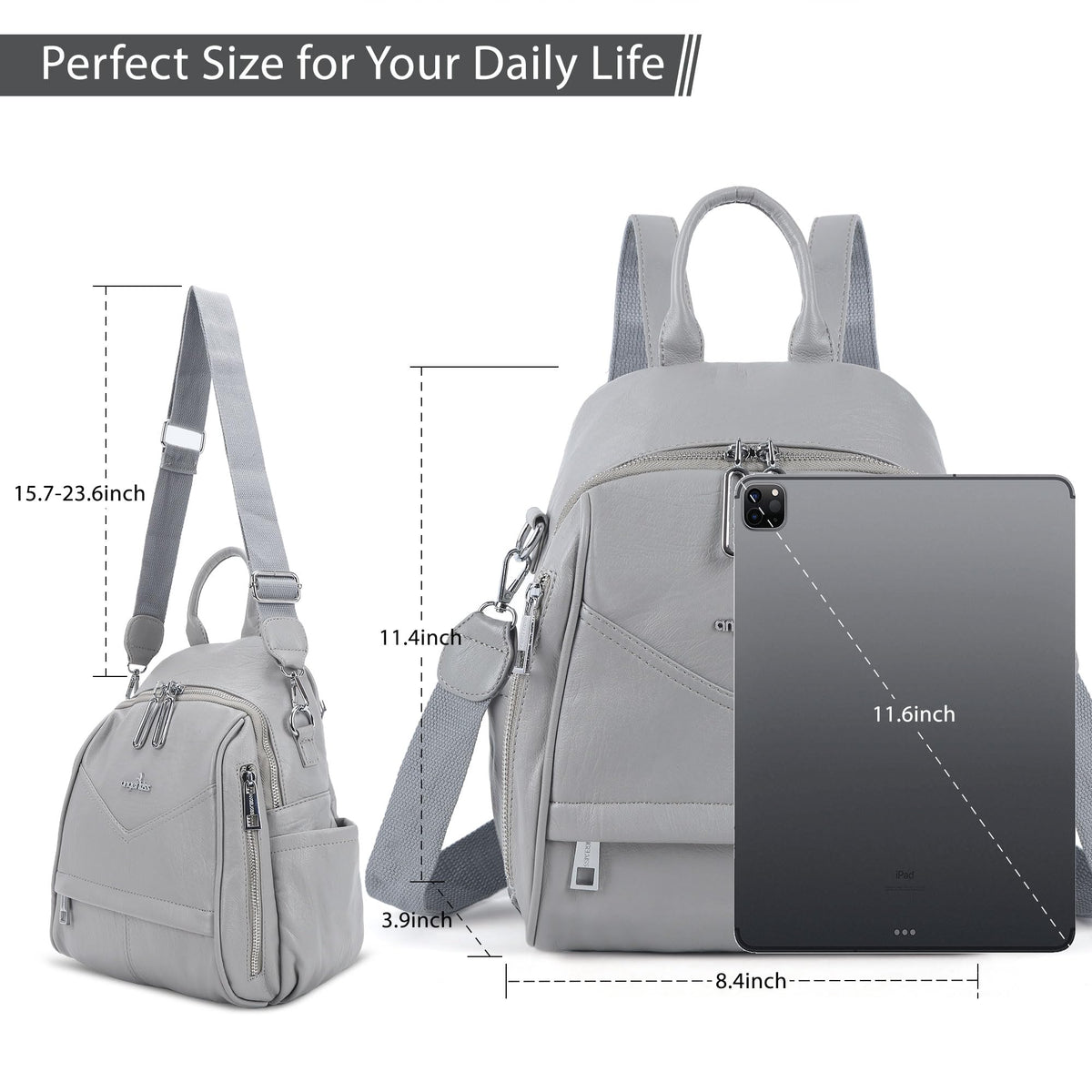 Angel Kiss Small Backpack Purse for Women,Soft Vegan Leather Roomy Backpacks,Designer Ladies Shoulder Backpack Fashion Handbag with Removable Strap,Grey
