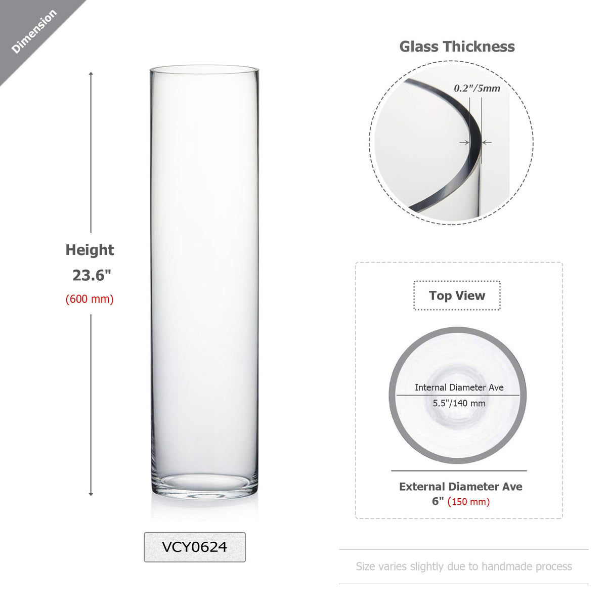 WGV Cylinder Vase Bulk, Width 6", Height 24", Clear Tall Glass Container Terrarium Candle Holder for Wedding Centerpiece, Party Event, Home Office Decor, 6 Pieces