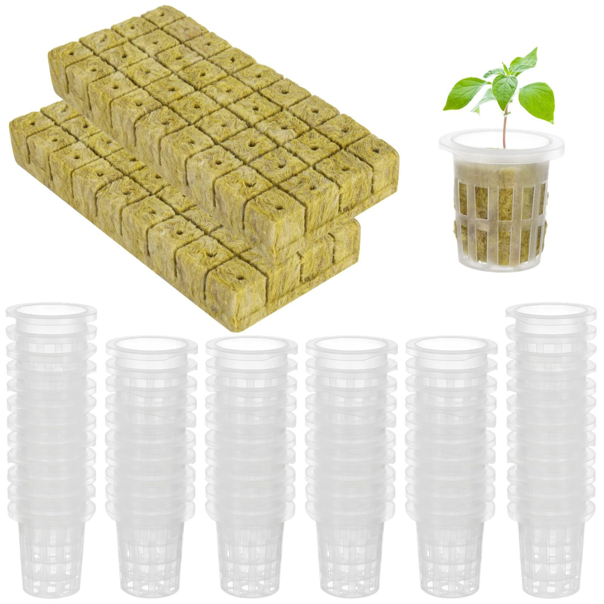 72 Rockwool Cubes & Net Pots Set, Hydroponic Kit, Stonewool Plugs with Net Cups, Hydroponics Starter Kit, Efficient Water Retention, Quick Germination for Seedling Growth